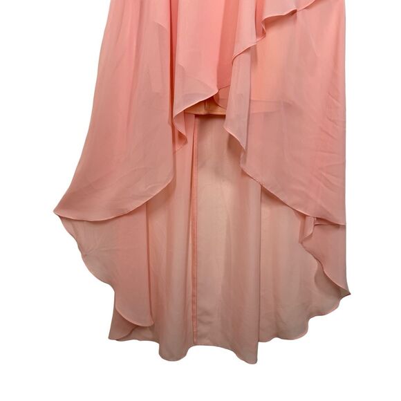 Celavie Peach Strapless High Low Cocktail Dress Size L Chiffon Chevron Print USA - Picture 2 of 11
